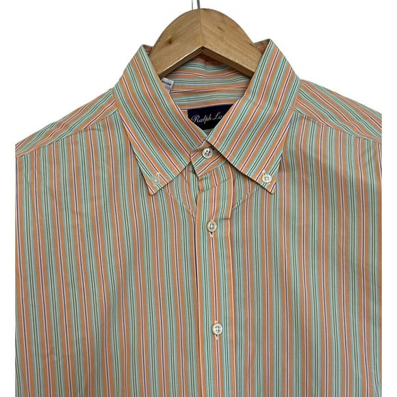 Ralph Lauren Purple Label Mens Button Down Dress Shirt Orange Striped Italy Sz L - Picture 2 of 5